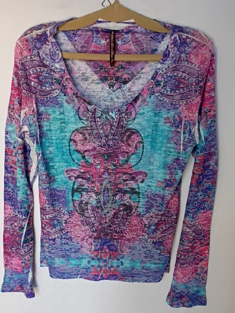Mushka By Siena Rose Boho Paisley V-Neck Long Sleeve Top - Pink, Turquoise Sz L - Picture 2 of 6